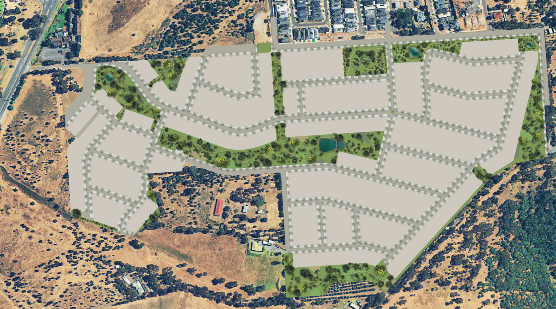 Satellite view of the Edenridge site with the masterplan lot layout and green spaces overlaid