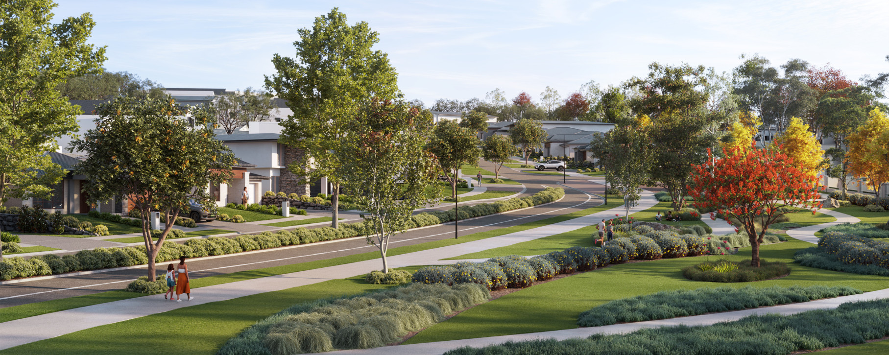 Render of an Edenridge street with landscaped verges, footpaths and homes set behind street trees